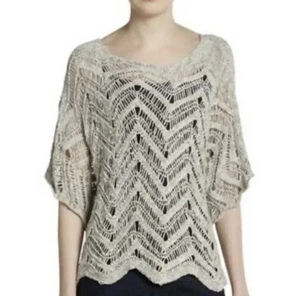 New Eileen Fisher Light Gray Open Knit Cotton Wonder Scallop Sweater 3X